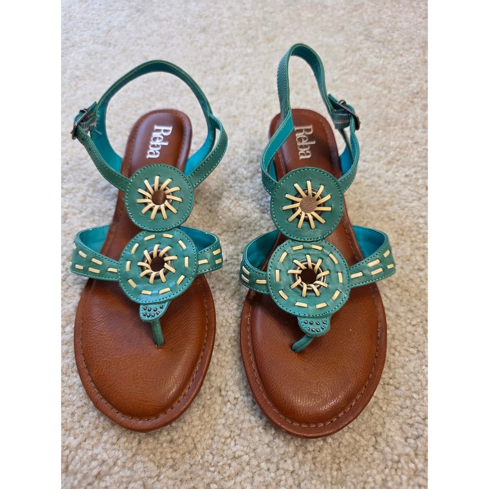 Reba Concho Teal Leather Wedge Sandals Womens 7.5M Southwes Whipstitch Medallion